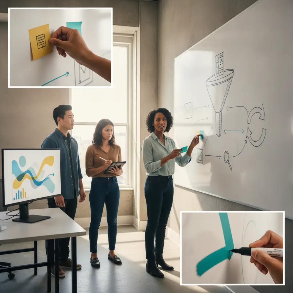 Equipe de marketing real trabalhando em inbound: quadro com funil e ícones, telas com gráficos e pessoa desenhando jornada do cliente.