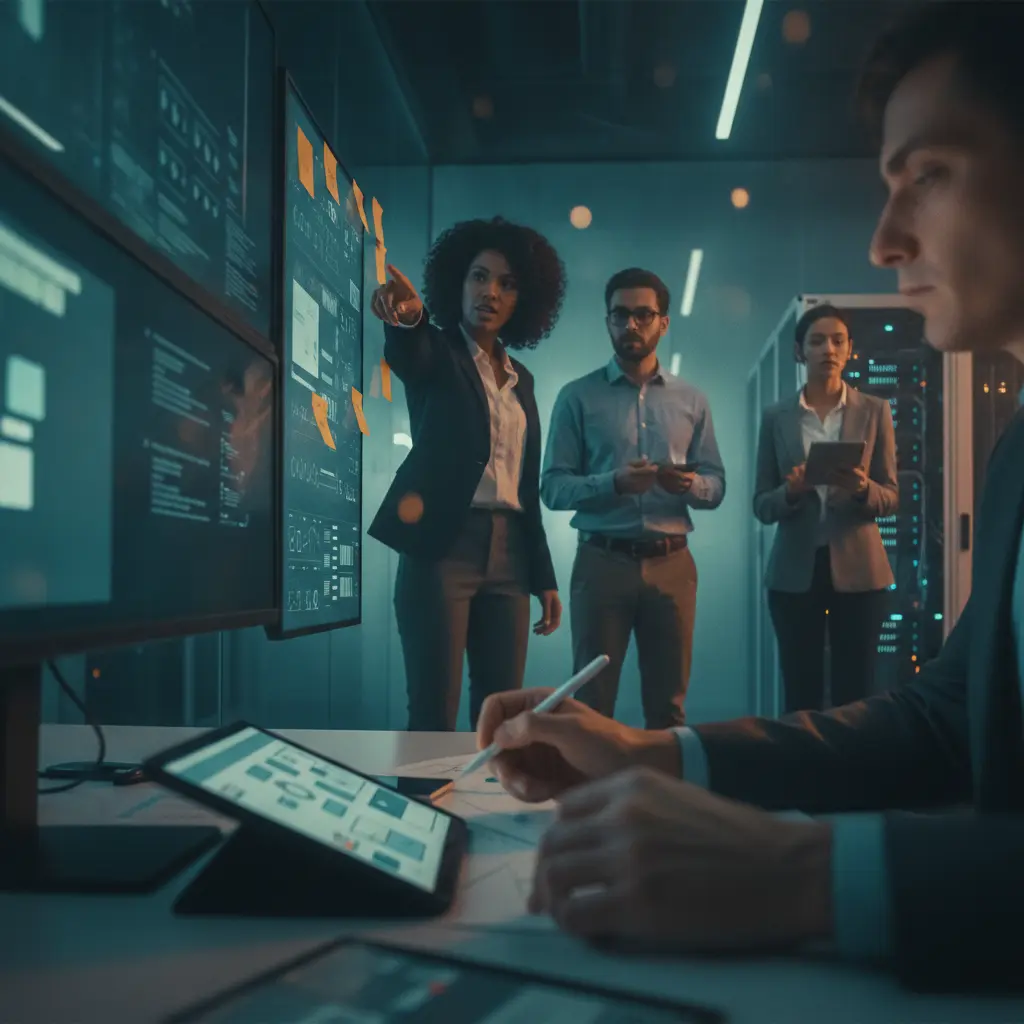 Profissionais de tecnologia (UX, produto, analista e suporte) trabalhando de pé em um espaço moderno, com quadros de rascunho e dashboards visuais, sem código nem textos visíveis.
