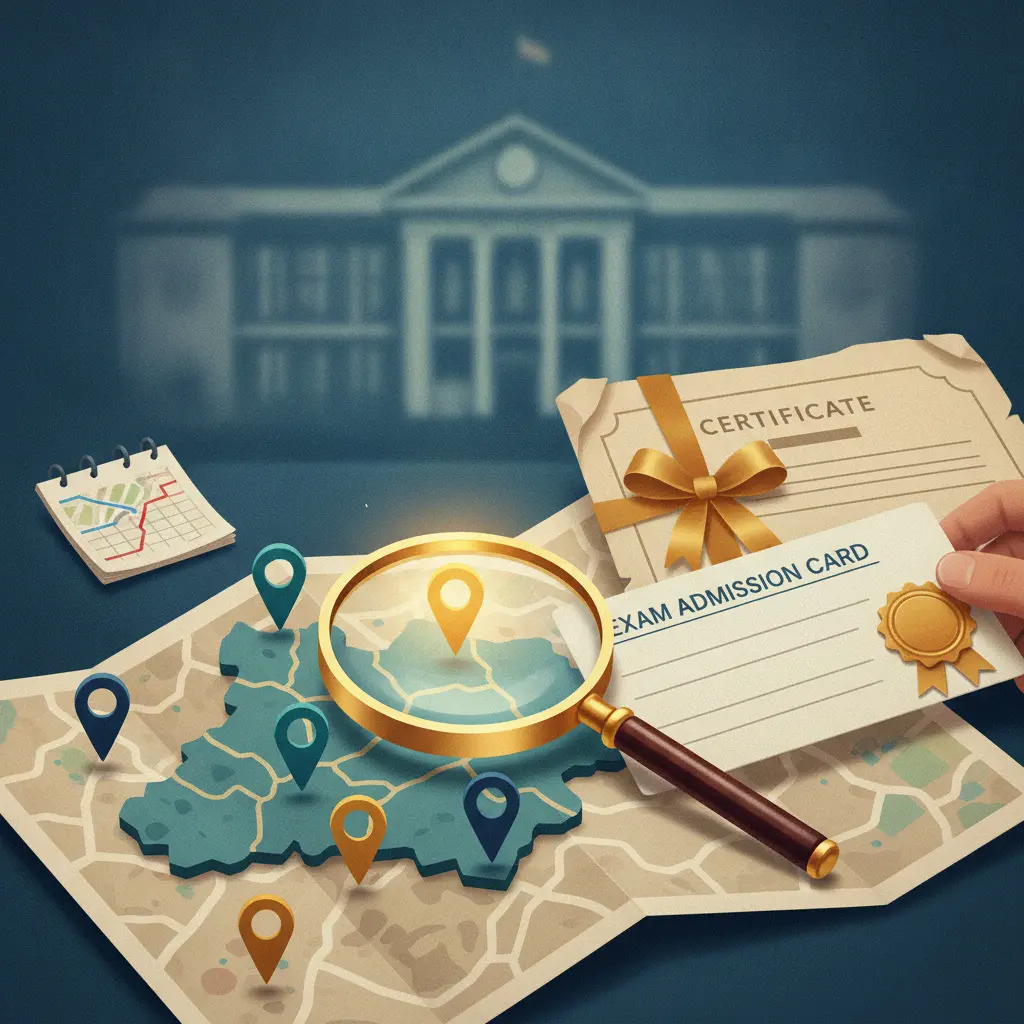 Ilustração editorial mostrando mapa com alfinetes de localização, cartão de prova e certificado com selo, representando locais de reaplicação e uso da nota do Encceja.
