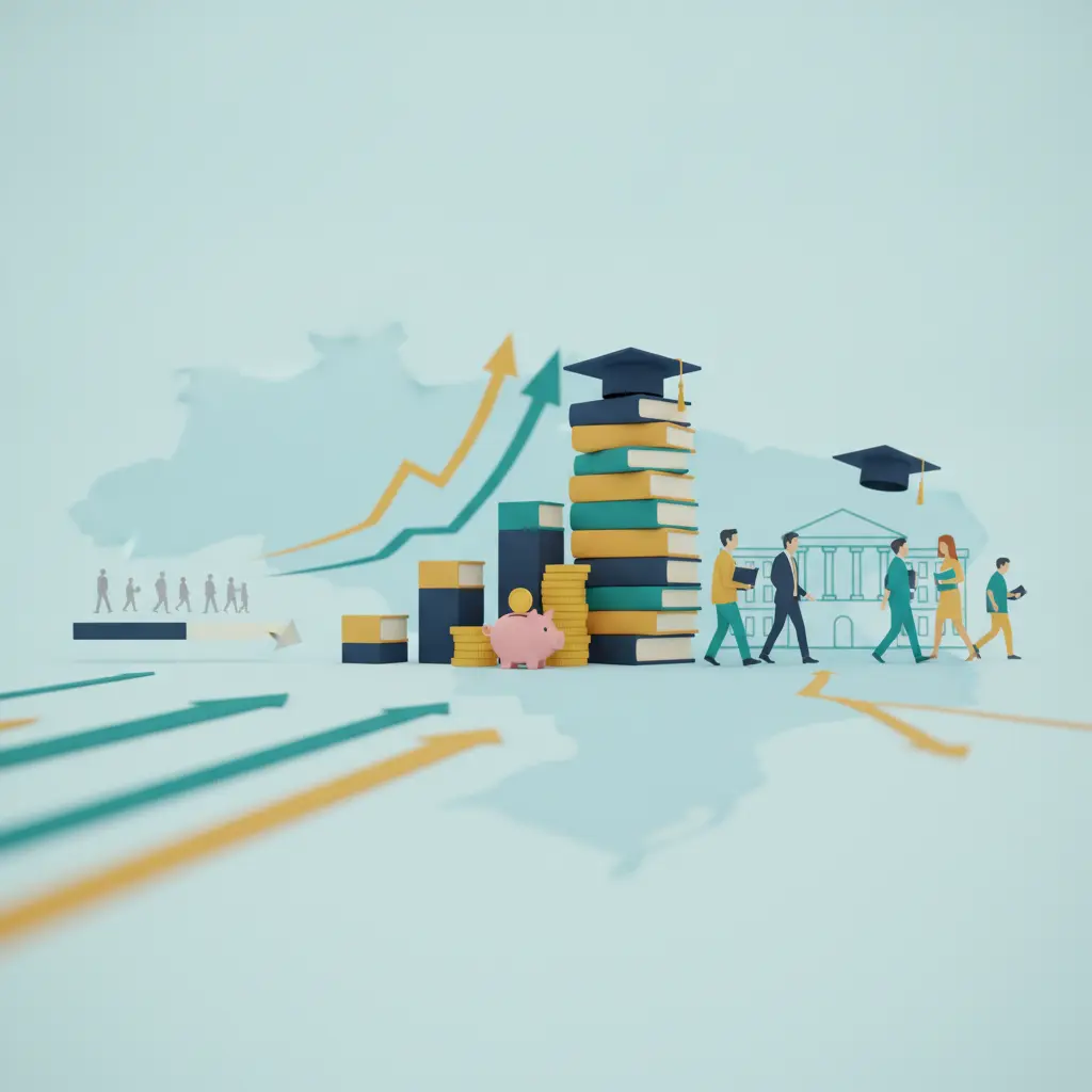 Ilustração editorial com gráficos formados por livros e moedas, mapa do Brasil ao fundo, barras ascendentes mostrando aumento de investimento e queda dos NEETs.