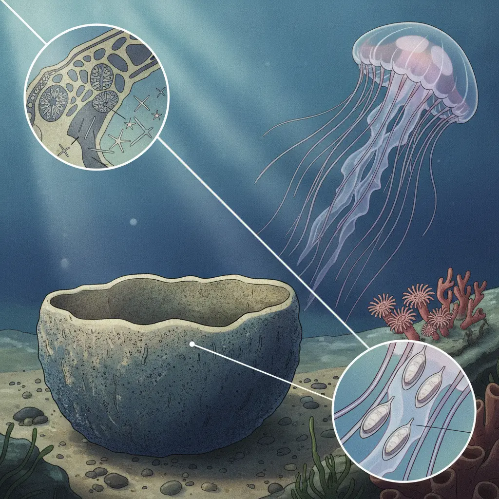 Ilustração comparativa de porífero (esponja) à esquerda com corte mostrando canais, coanócitos e espículas, e cnidário (água‑viva/coral) à direita com tentáculo e nematocistos, estilo editorial educativo.