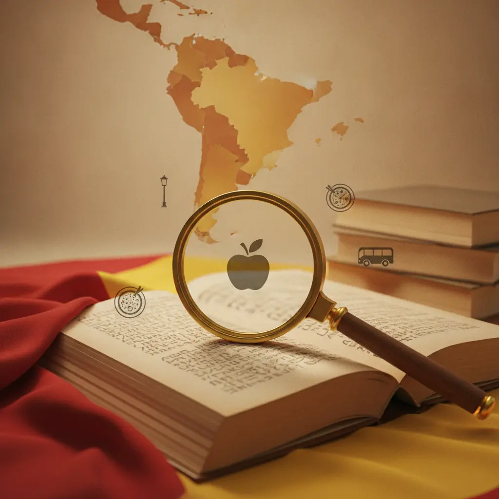Lupa sobre livro em espanhol com mapa da Espanha e ícones contextuais sugerindo inferência de palavras.