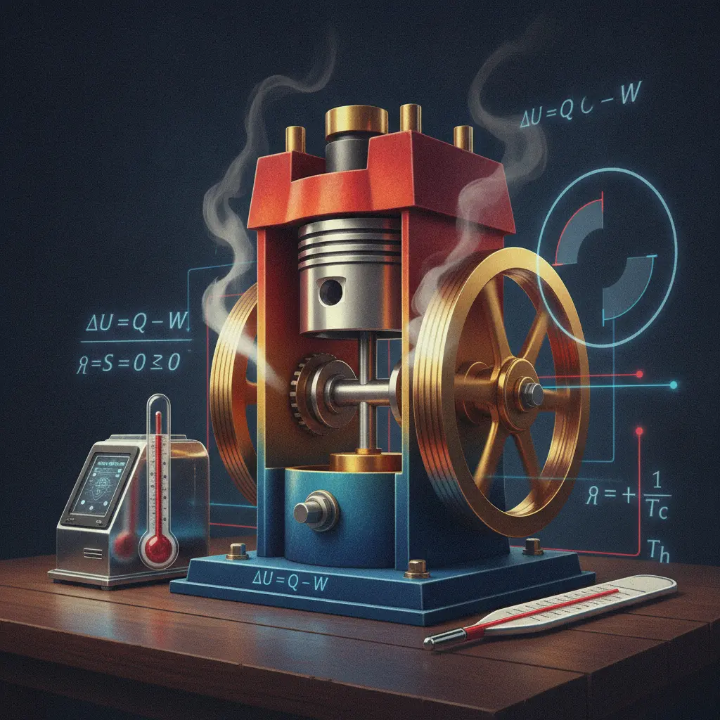 Ilustração editorial de um motor térmico em corte com gradientes de temperatura, calorímetro e fórmulas da termodinâmica (ΔU = Q − W, ΔS ≥ 0, η = 1 − Tc/Th).