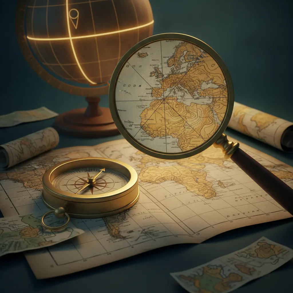 Bússola sobre mapa com grade de coordenadas e lupa ampliando uma interseção; globo desfocado ao fundo.