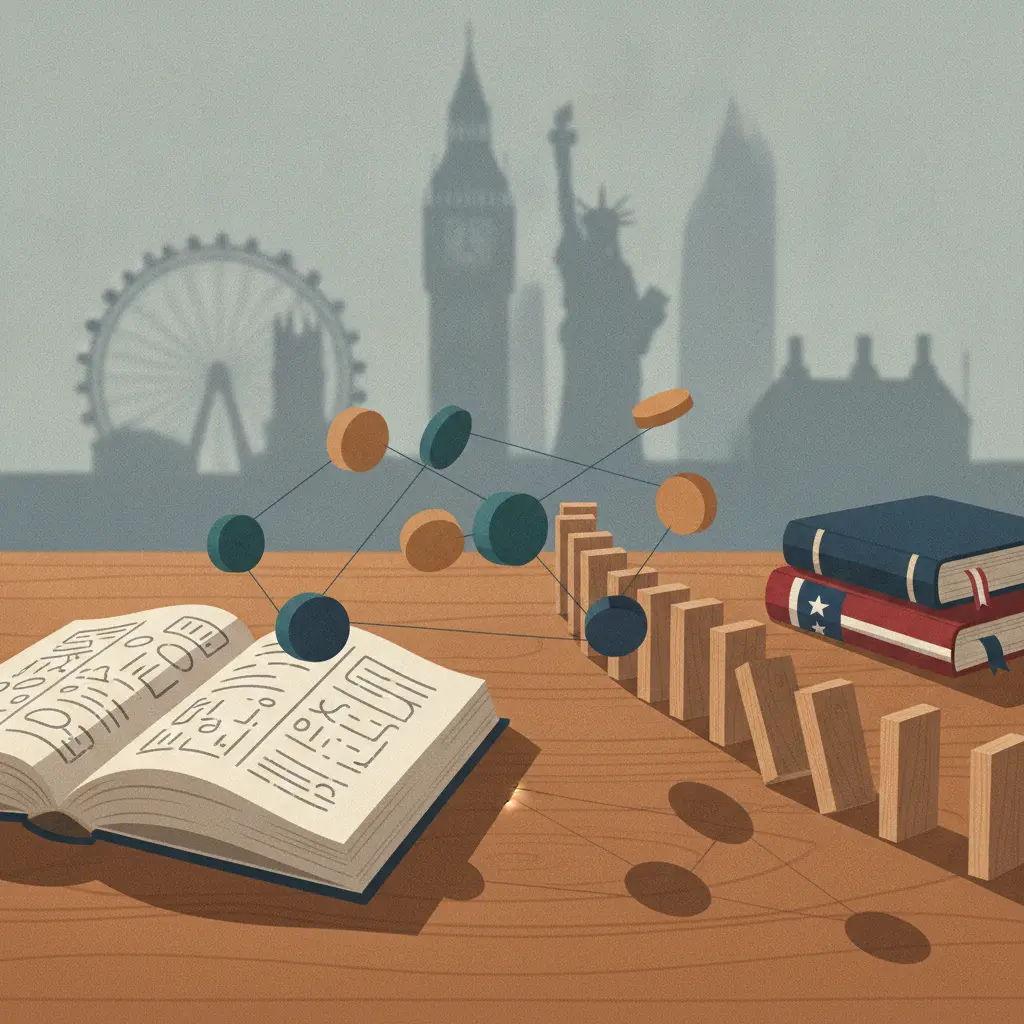 Ilustração editorial com livros de inglês, marcadores em cores do Reino Unido/EUA, fileira de dominós simbolizando causa e consequência e silhueta de Londres/Nova Iorque ao fundo.