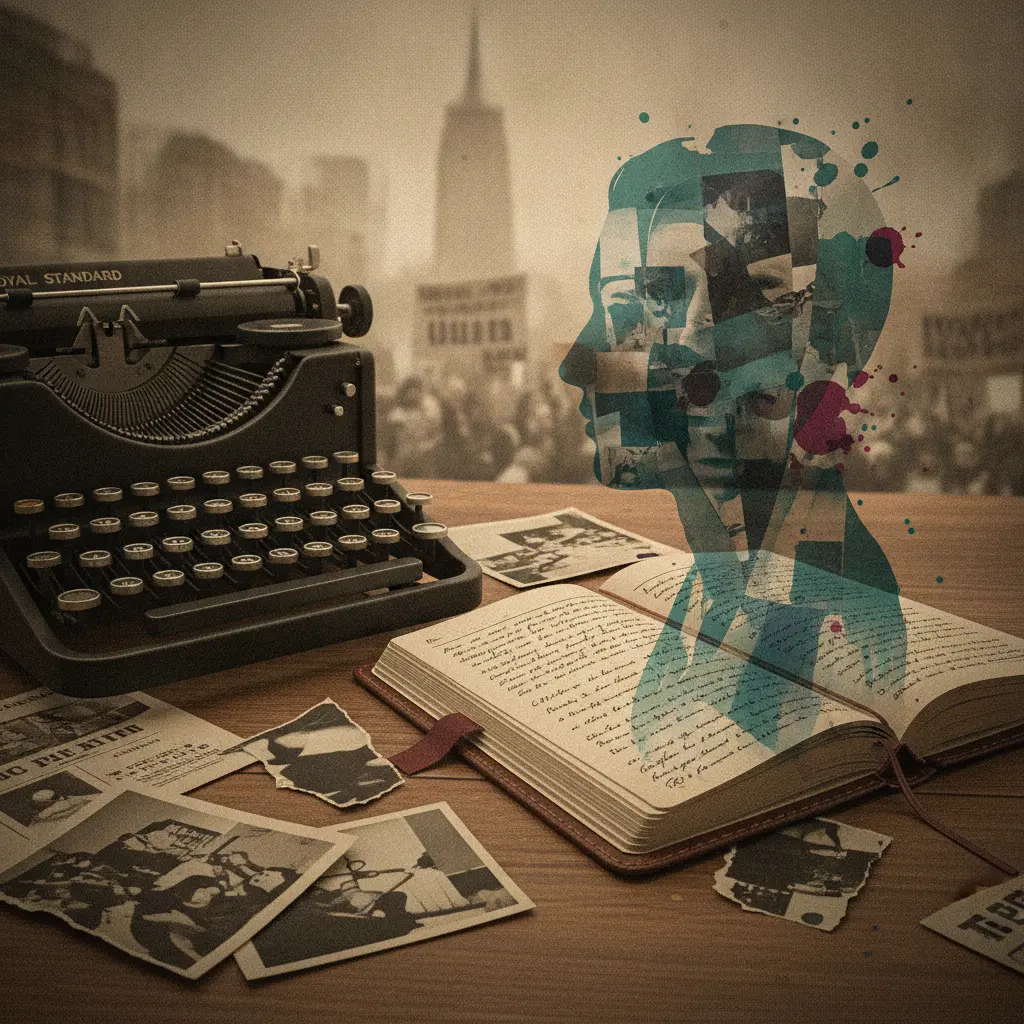 Ilustração editorial: máquina de escrever, diário aberto, fotos rasgadas e silhueta translúcida saindo das páginas, evocando autoficção e testemunho no contexto histórico-social.