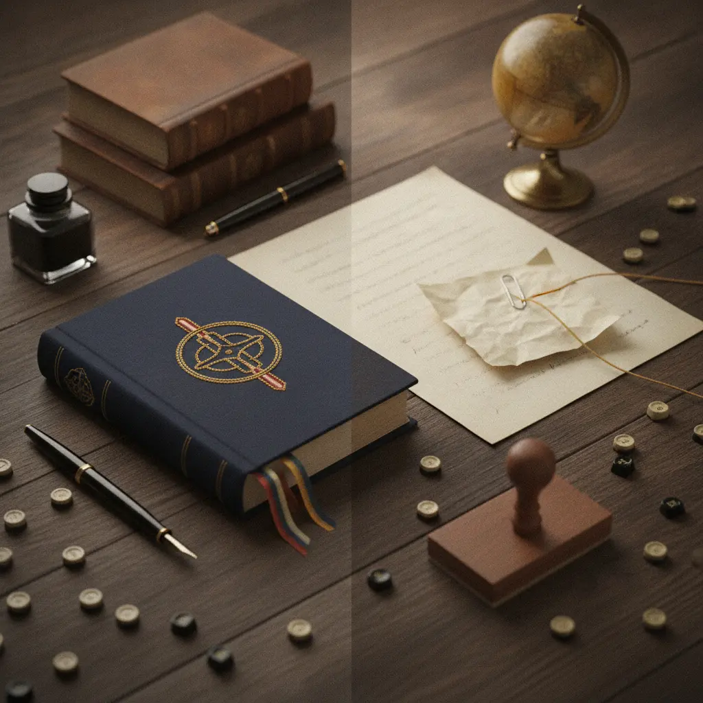 Ilustração editorial dividida: livro com adorno preso ao lado e página com nota ligada por fio e clipe, objetos de estudo ao redor.