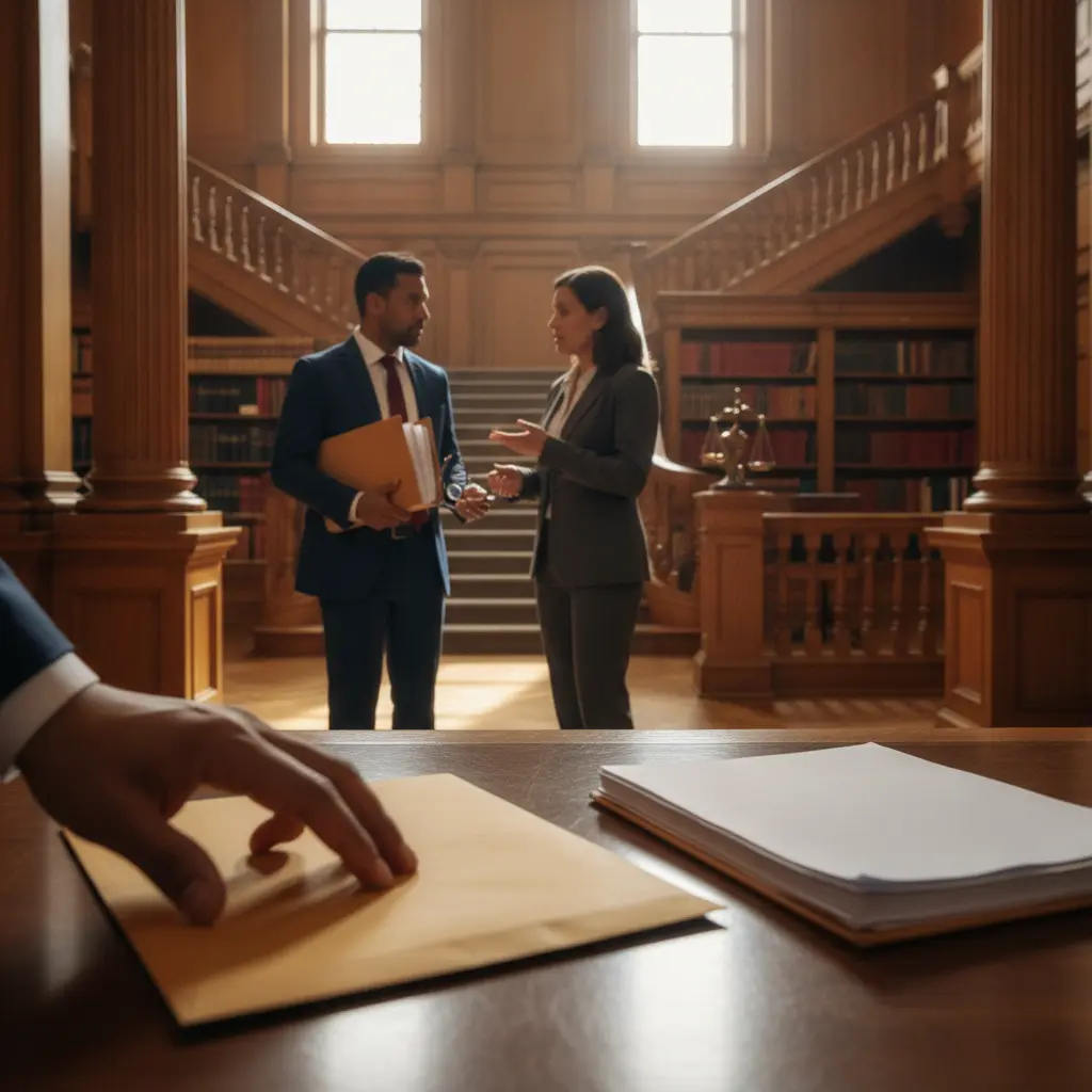 Advogada pública em corredor de tribunal, mão colocando pasta sobre mesa de madeira com estantes de livros jurídicos ao fundo.
