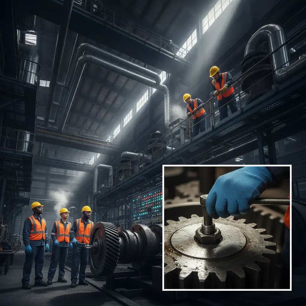 Equipe de engenheiros de manutenção trabalhando numa indústria, técnico ajustando engrenagem com chave.