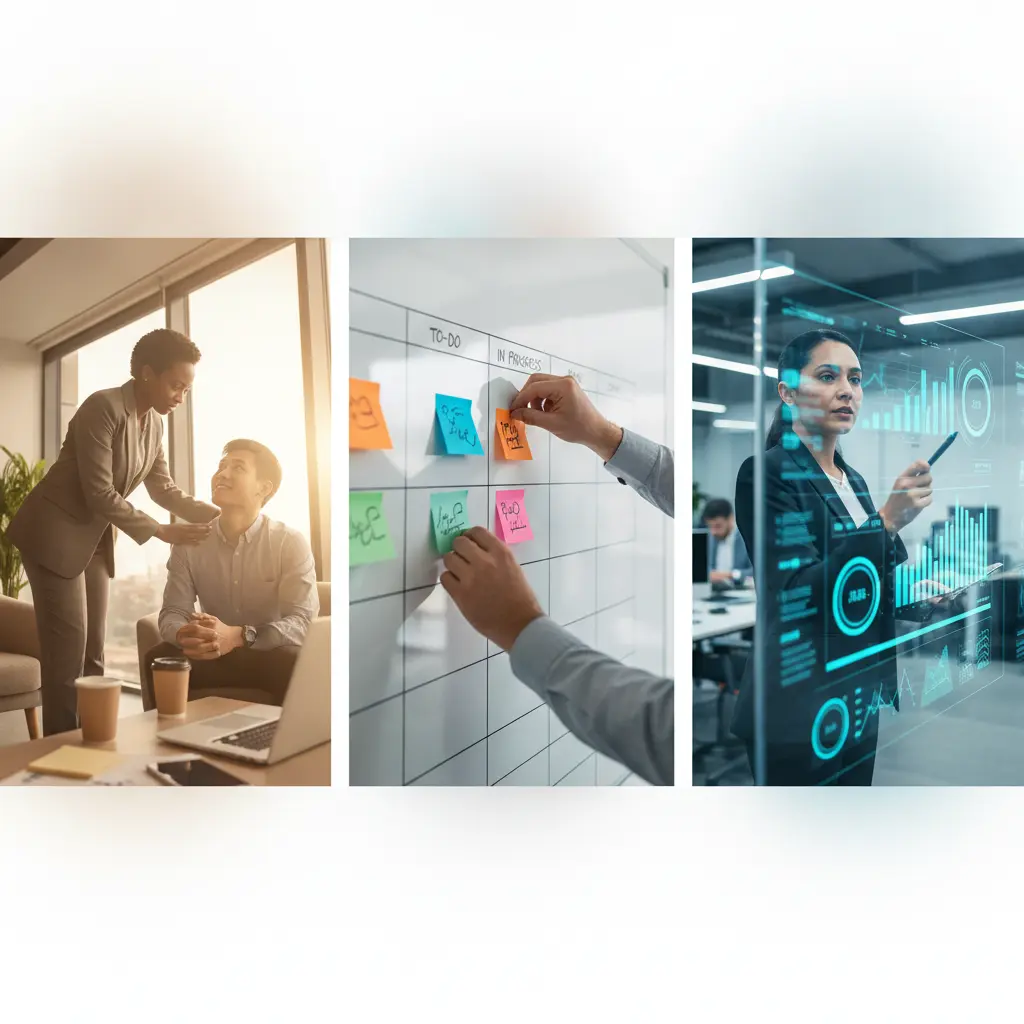 Imagem editorial mostrando três trilhas de gestão: liderança com foco em pessoas, gestor com quadro Kanban para projetos e líder apontando para painel de métricas (sem textos).