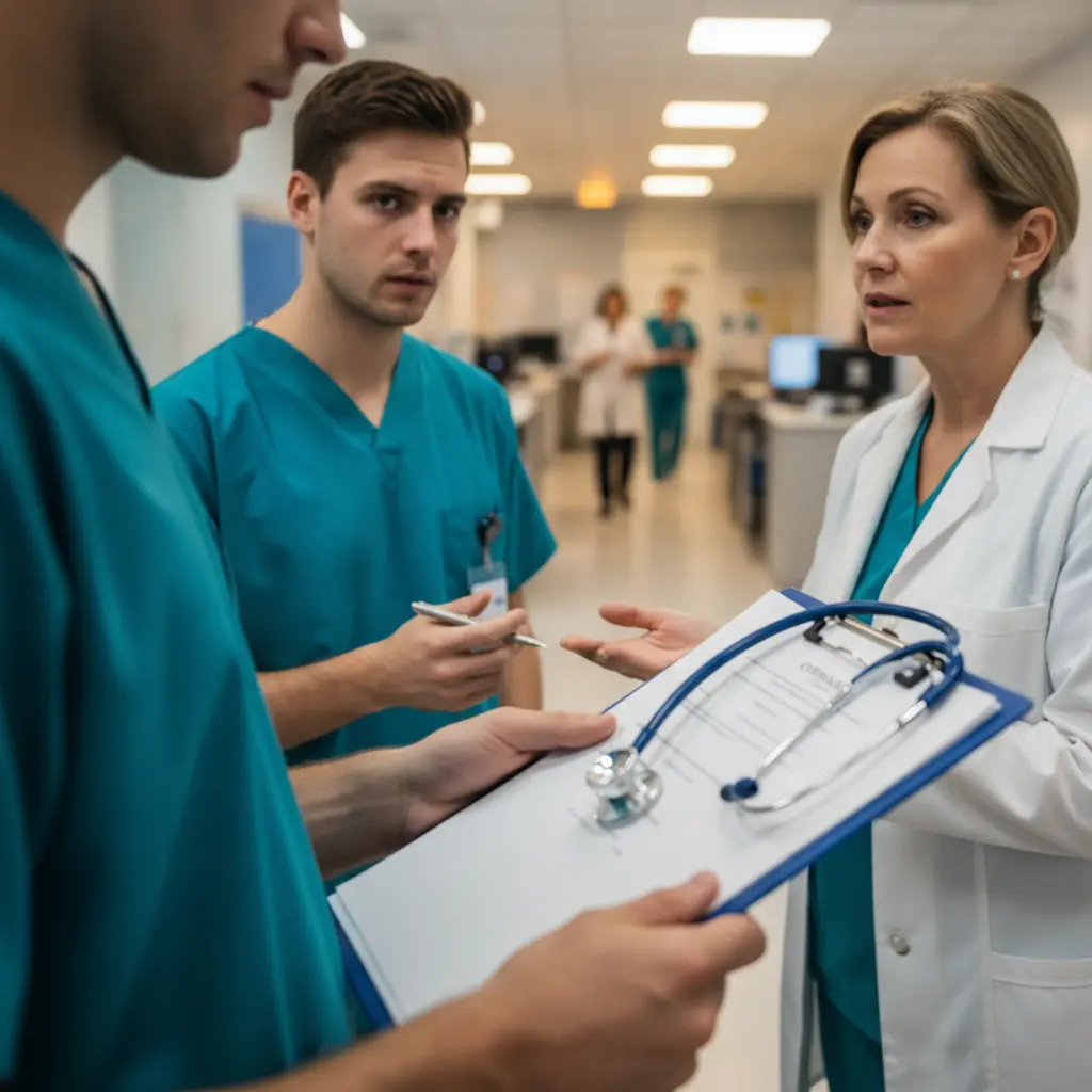 Profissional de saúde iniciante e supervisor conversando sobre contrato e escala no hospital, prancheta sem texto em primeiro plano.
