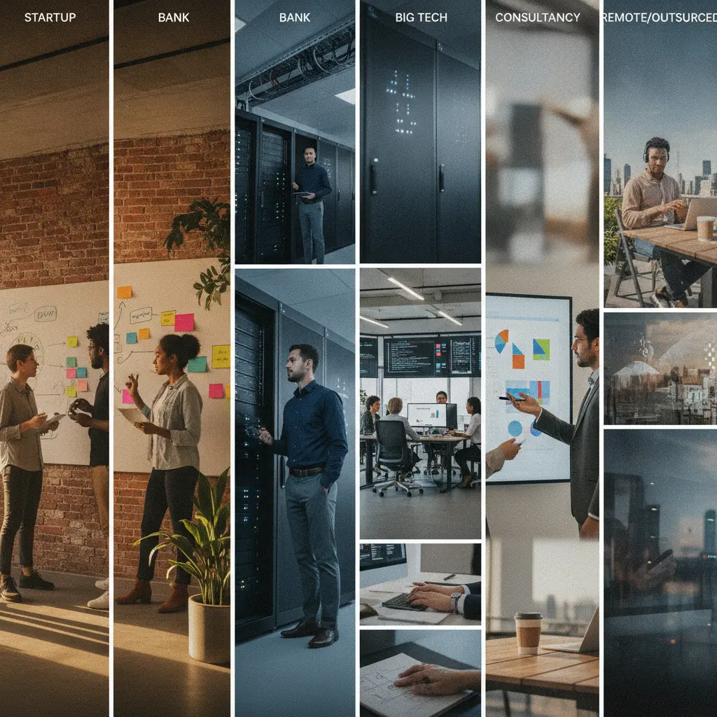 Montagem editorial com cinco ambientes de trabalho em TI: startup, banco, big tech, consultoria e trabalho remoto.