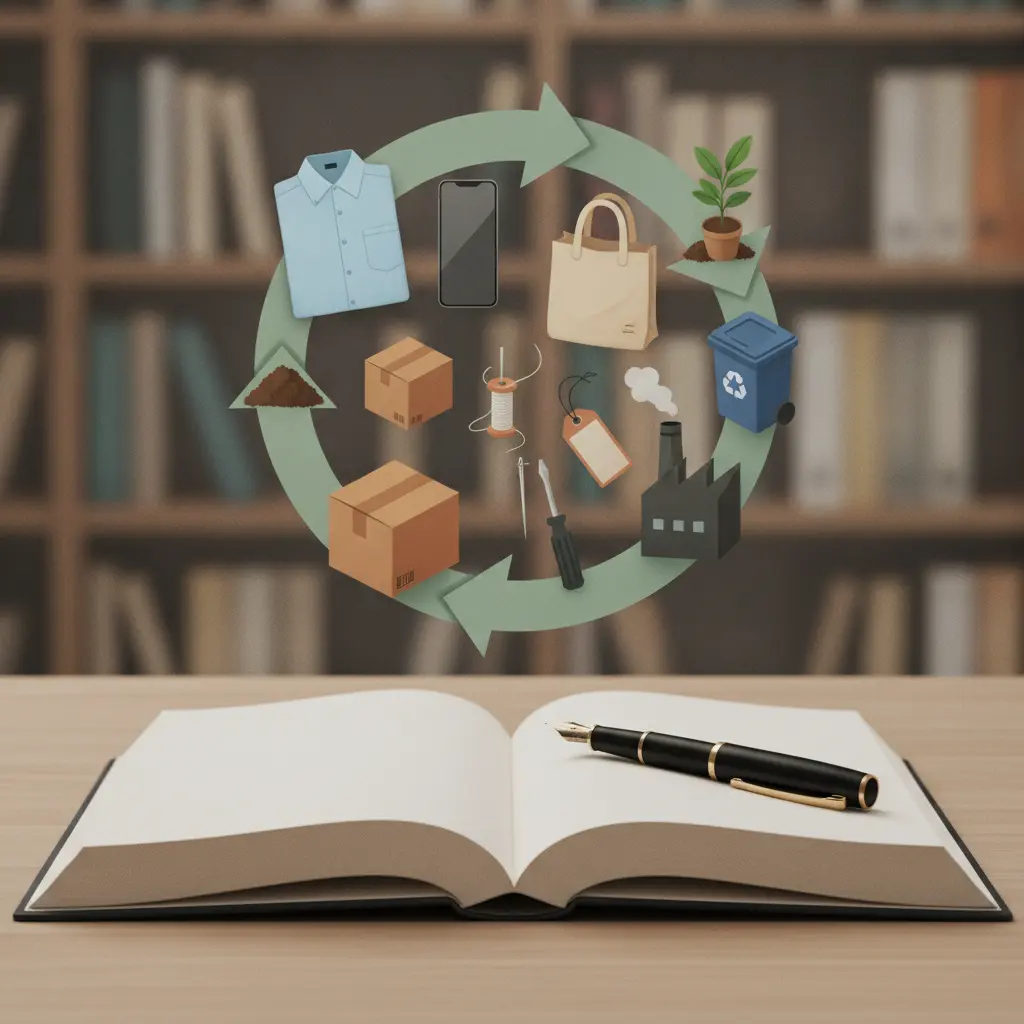 Ilustração editorial do ciclo da economia circular com objetos (roupa, celular, embalagem, ferramentas, planta) formando um laço; livro aberto e caneta em primeiro plano.