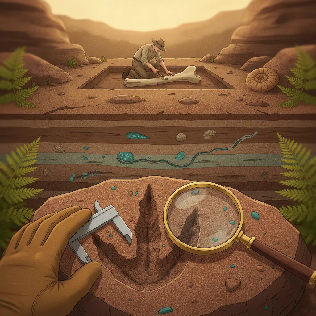 Ilustração editorial de uma pegada fóssil em close, corte estratigráfico mostrando fossilização, lupa, régua e ferramenta de campo.