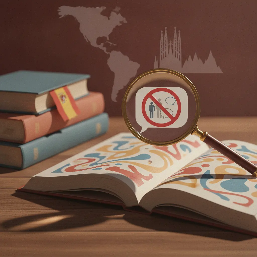 Ilustração editorial: livro de gramática em espanhol com lupa destacando símbolo de negação, bandeira e mapa da Espanha/América do Sul ao fundo.