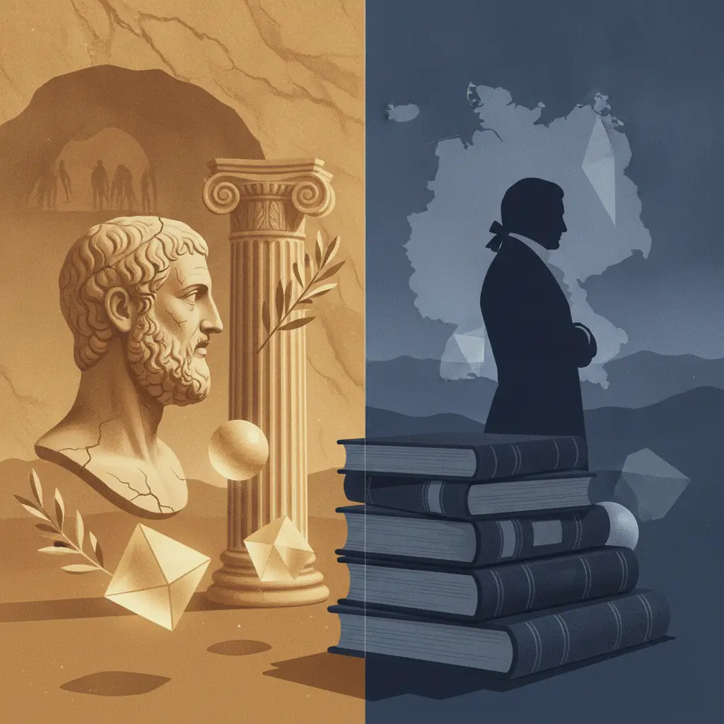 Ilustração dividida: lado esquerdo com busto grego, formas platônicas e cena da caverna; lado direito com livros antigos, silhueta de pensador alemão e planos abstratos representando o idealismo alemão.