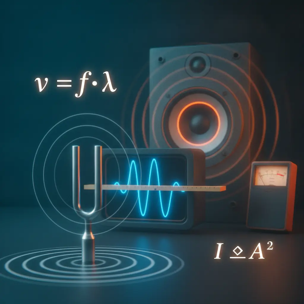 Ilustração editorial mostrando ondas sonoras: diapasão vibrando, osciloscópio com seno, alto‑falante emitindo frentes de onda e fórmulas v = f·λ e I ∝ A².