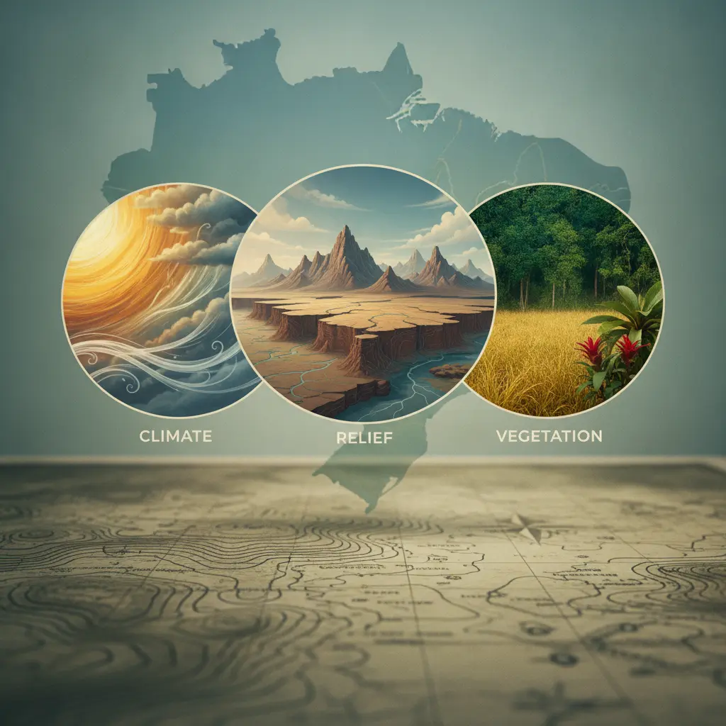 Ilustração editorial mostrando clima, relevo e vegetação do Brasil em vignettes sobre um mapa topográfico.