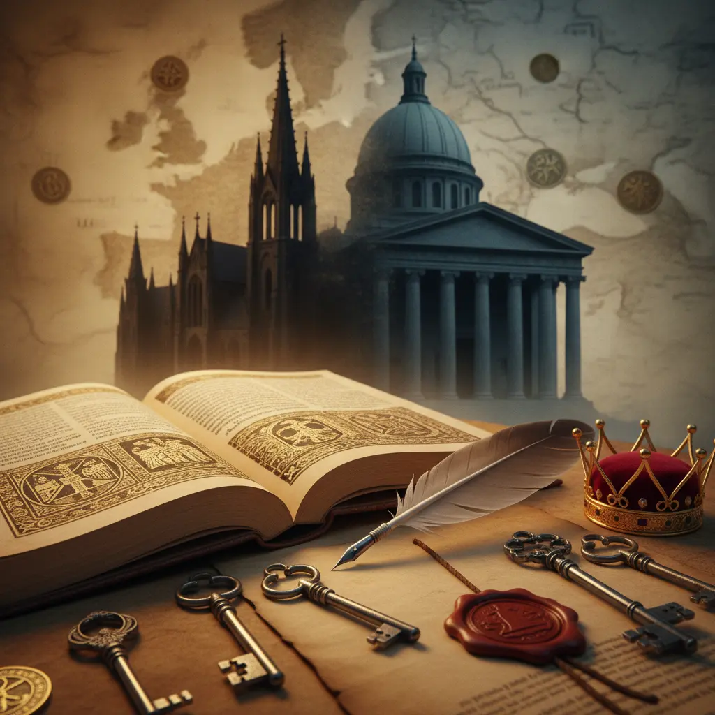 Ilustração editorial com manuscrito medieval, cinco chaves ornamentais, selo e coroa, e silhuetas que transicionam de catedral gótica para edifício estatal.