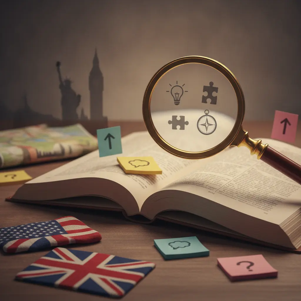 Ilustração editorial de livro de inglês com lupa destacando ícones de inferência, bandeiras do Reino Unido/EUA e silhouettes de marcos urbanos.