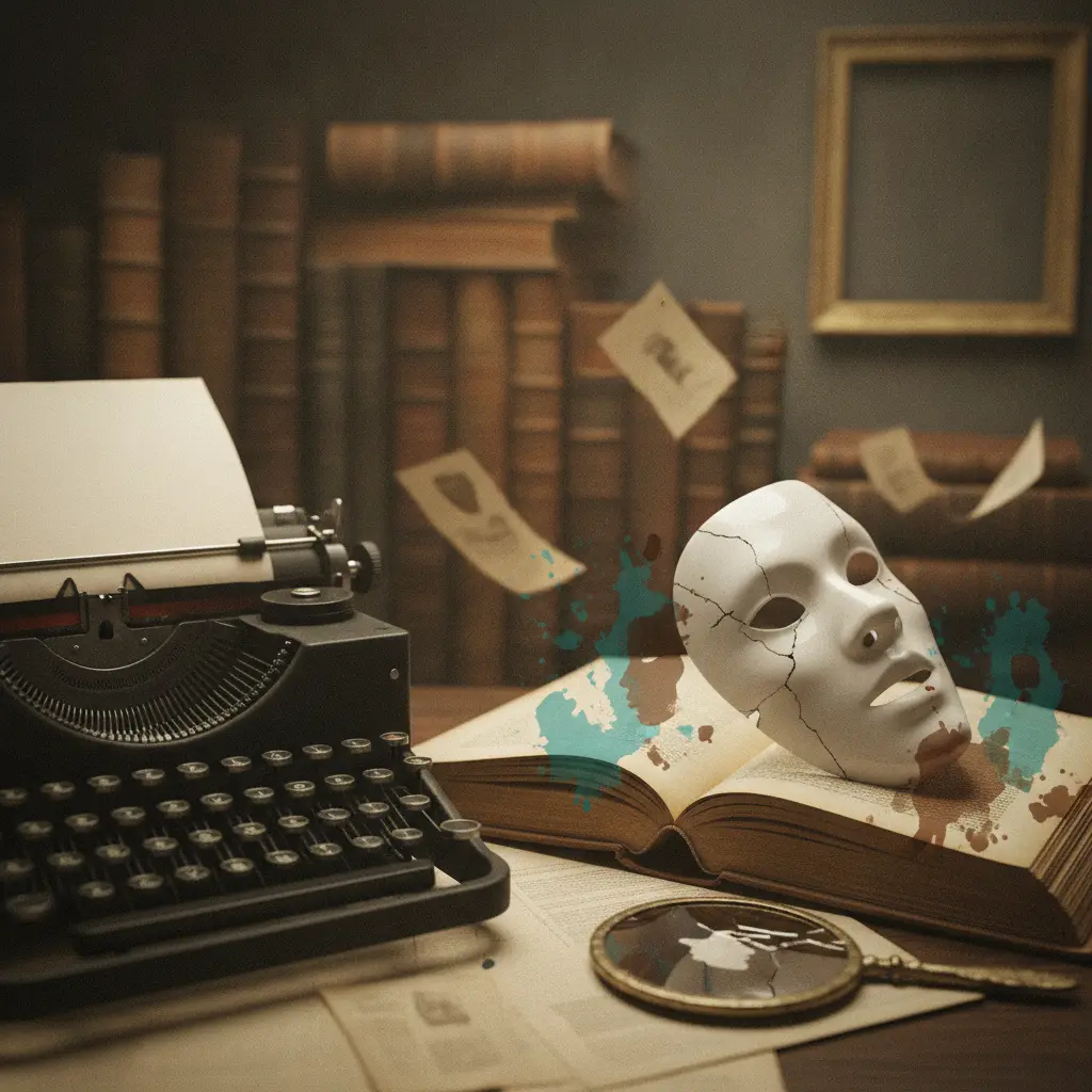 Cena editorial: máquina de escrever antiga, livro aberto e máscara teatral sobre páginas com manchas de tinta que sugerem narrador dividido, iluminação cinematográfica.