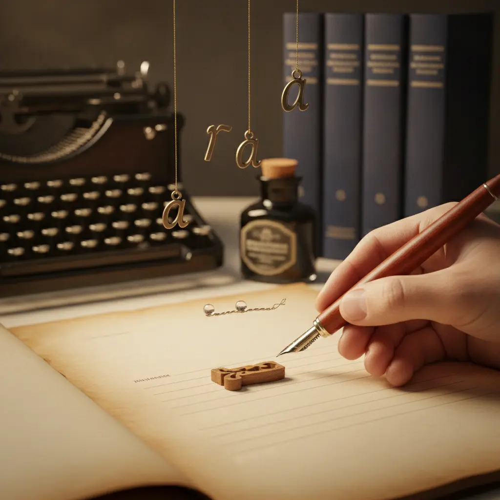 Mão escrevendo com caneta-tinteiro sobre caderno em branco, com objetos simbólicos do hífen, trema e acentos flutuando como guias visuais.