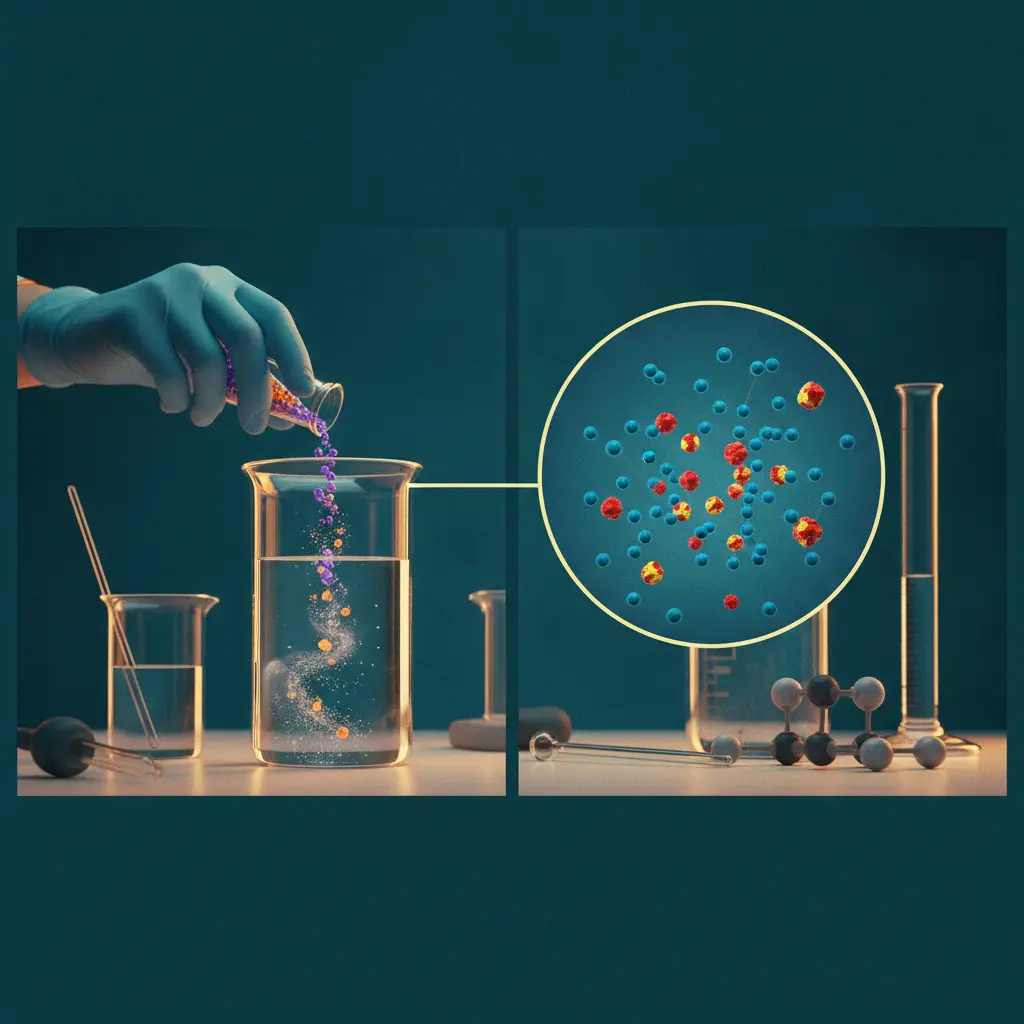 Ilustração editorial mostrando cristais de soluto sendo despejados em solvente com vista ampliada das moléculas se separando e dissolvendo.