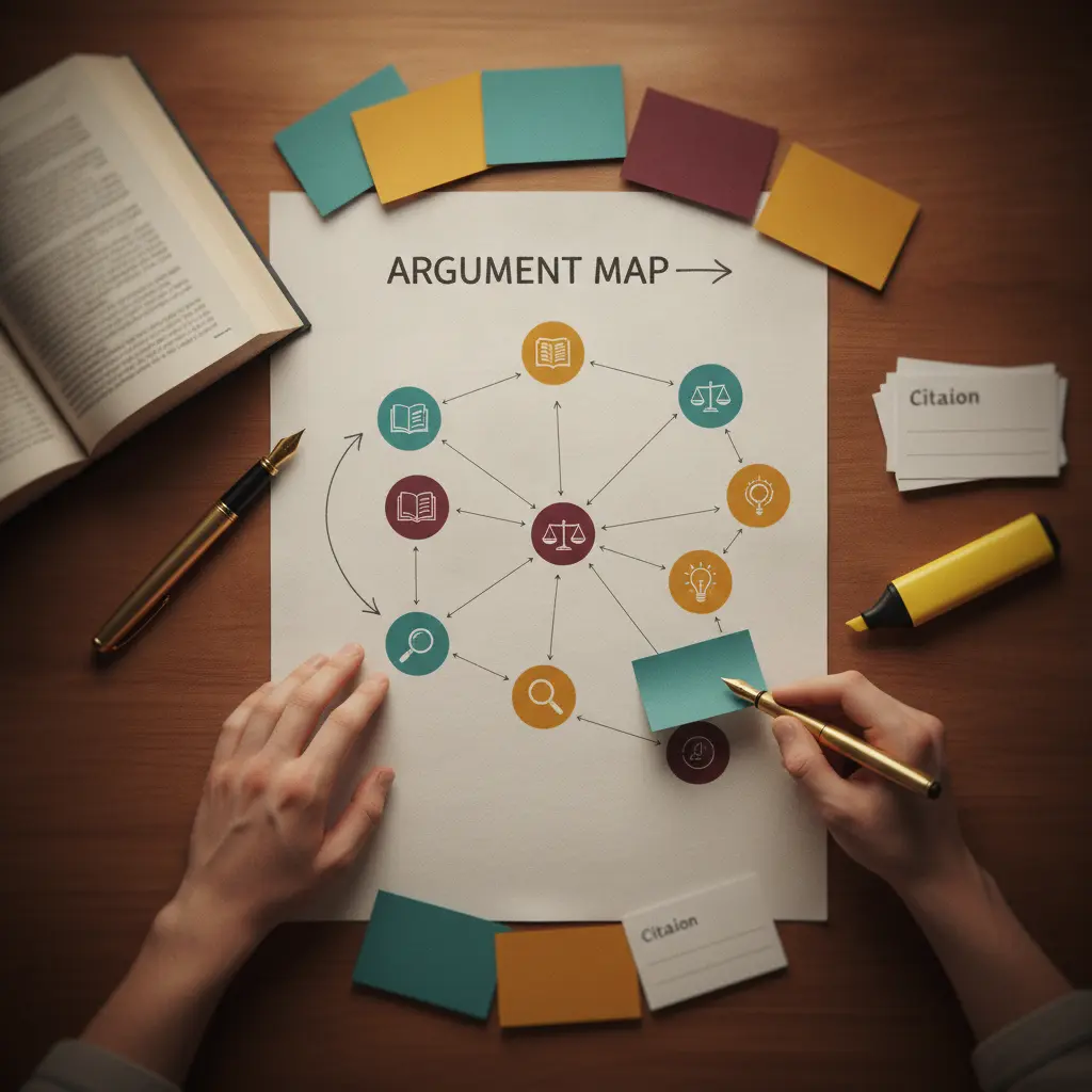 Ilustração editorial top-down de um mapa de argumentos em papel com cartões coloridos, caneta e mãos organizando notas, sem texto.