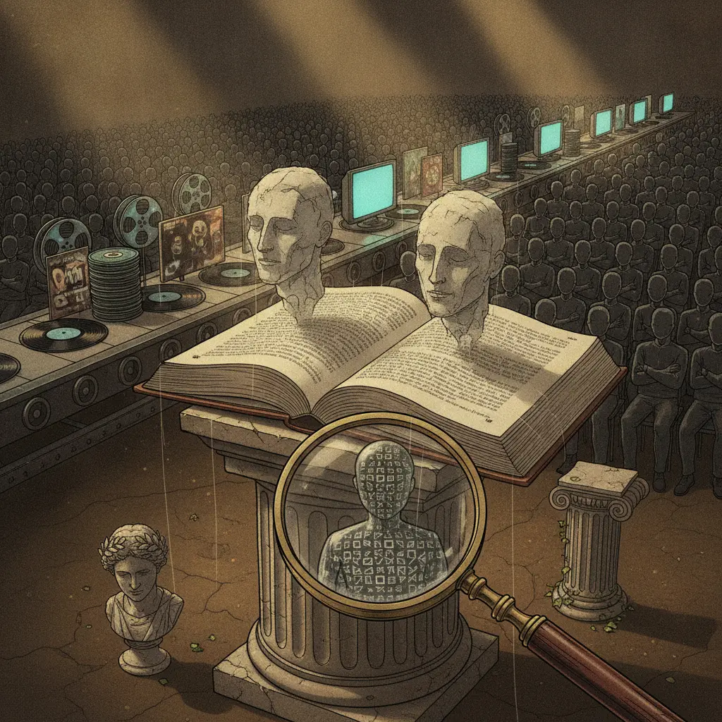 Ilustração editorial: livro aberto com bustos estilizados de pensadores, esteira produzindo mídia padronizada e público de silhuetas iguais, lupa destaca detalhes — conceito da indústria cultural de Adorno e Horkheimer.