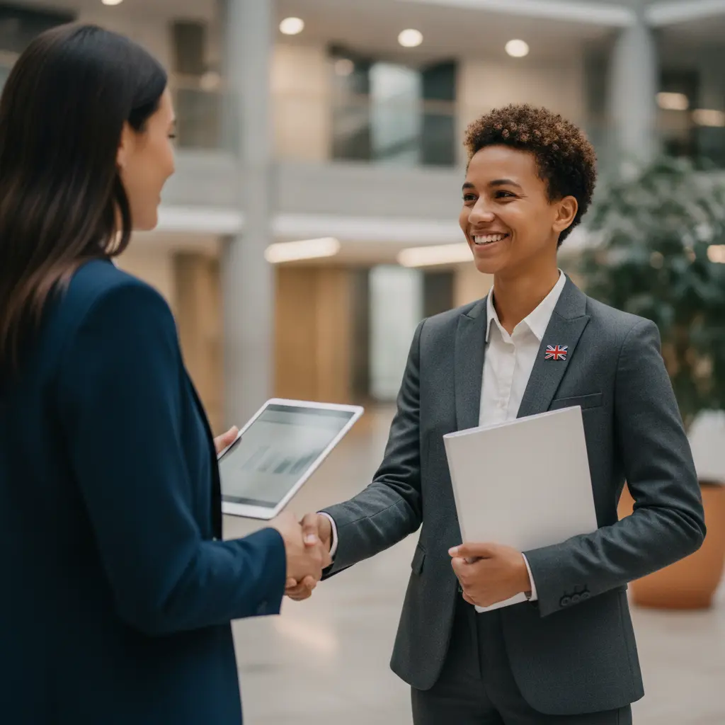 Profissional confiante conversando com recrutador em lobby corporativo, destacando habilidade prática em inglês.
