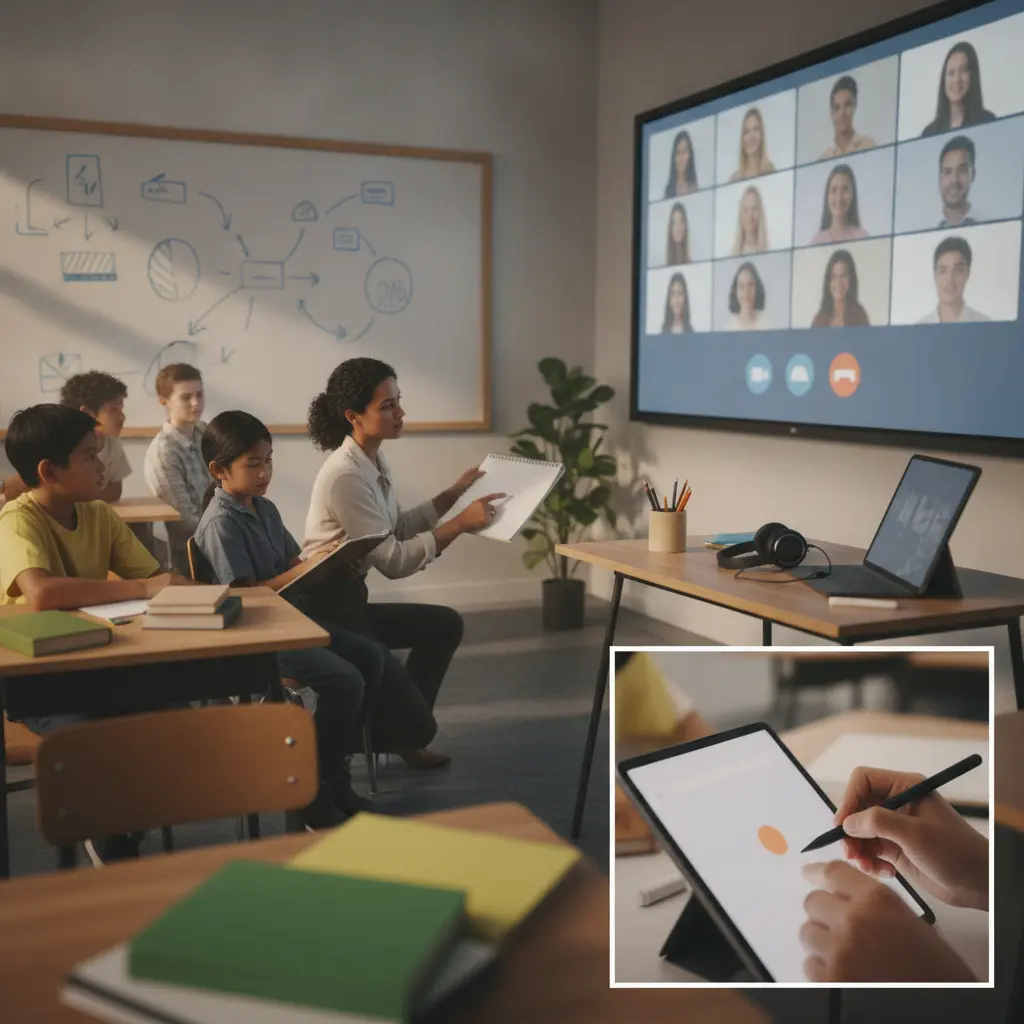 Professor atuando no ensino híbrido entre lousa presencial, tela com alunos remotos e acompanhamento individual a um estudante.