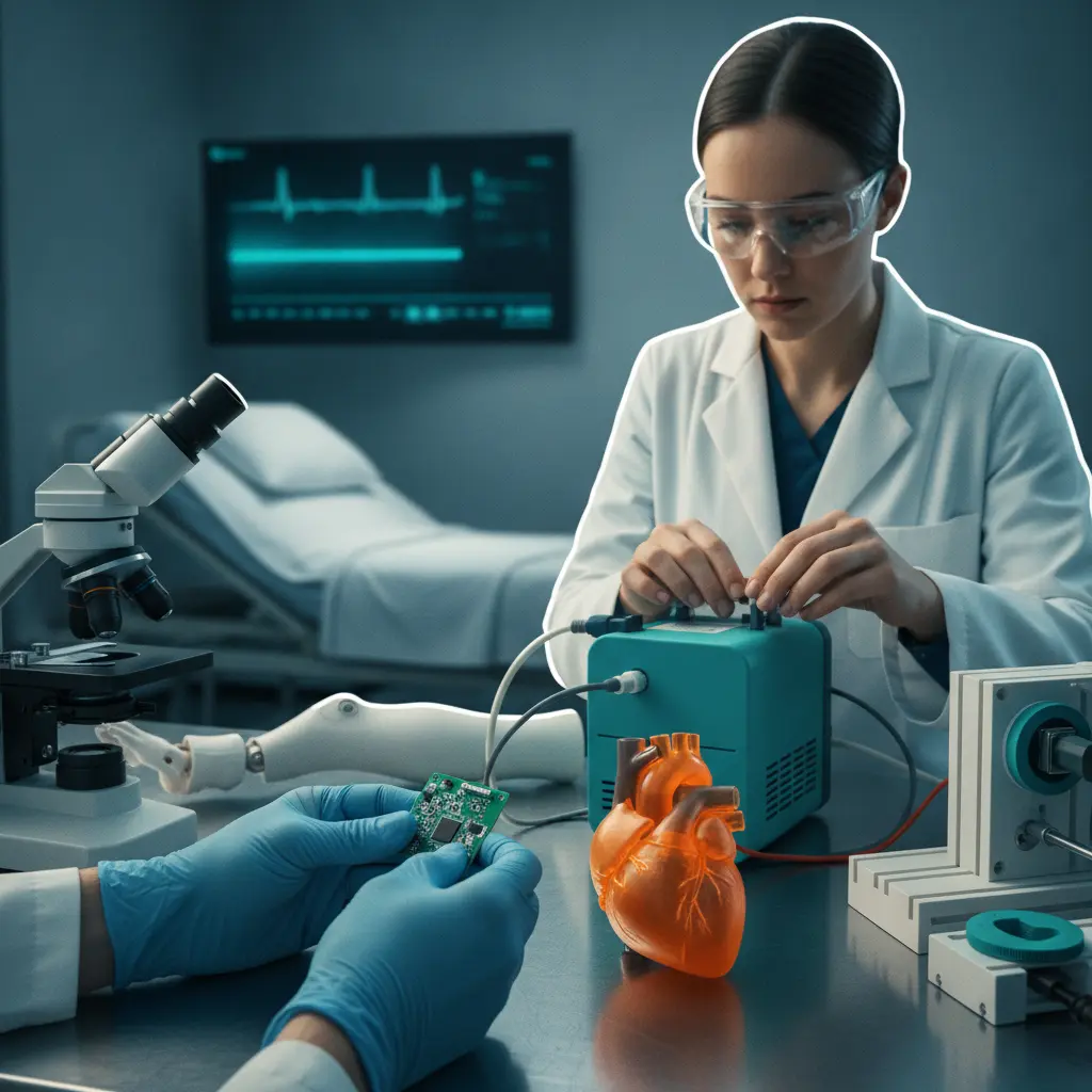 Engenheiro biomédico em ambiente hospitalar-laboratorial ajustando equipamento médico e examinando protótipo.