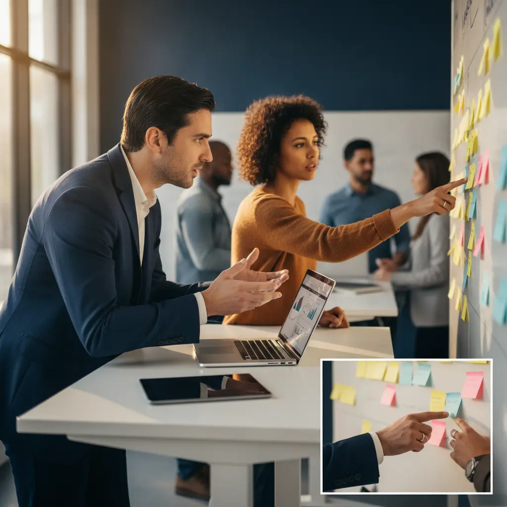 Gerente e colaborador em 1:1 diante de um quadro Kanban com post-its, enquanto equipe trabalha ao fundo.