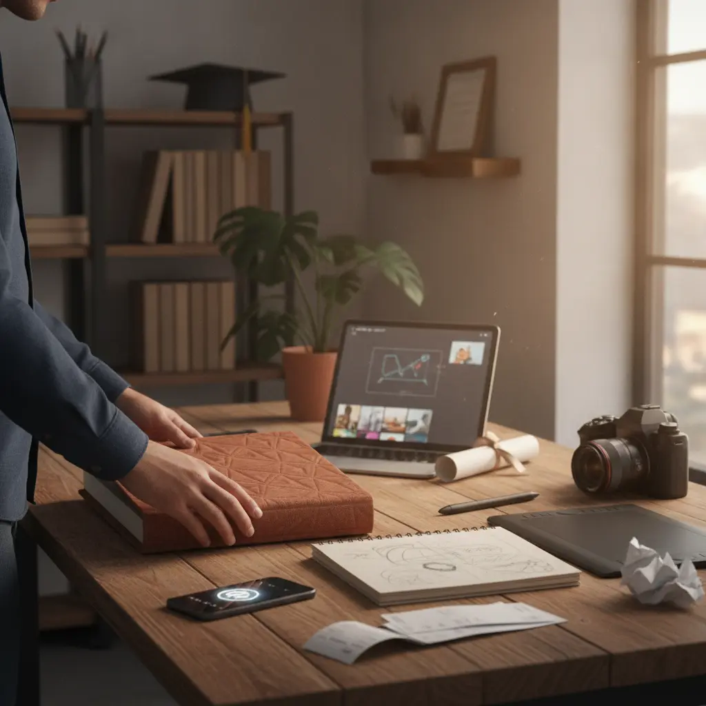Criador freelancer em estúdio organizando portfólio ao lado de diploma, laptop e equipamentos, representando pós-graduação e renda ativa.