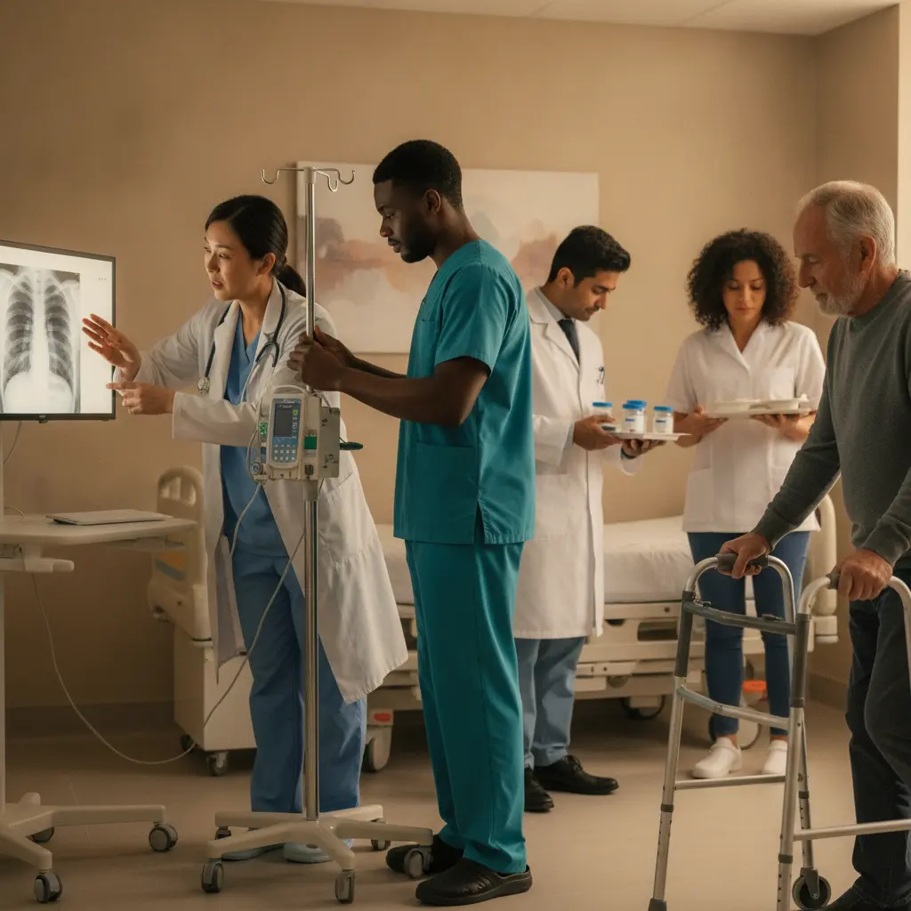 Equipe multidisciplinar de saúde colaborando junto ao leito e estação do hospital, mostrando diferentes funções.
