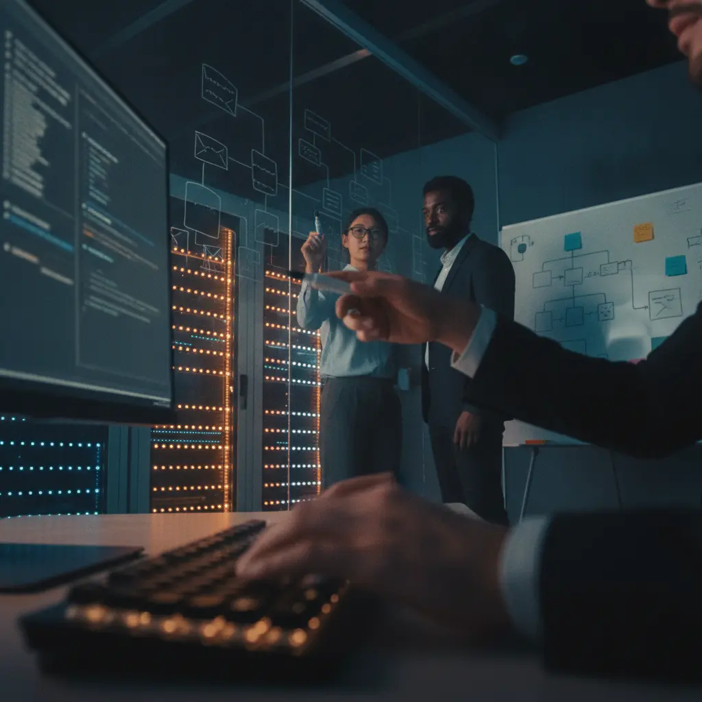 Equipe de tecnologia em ambiente realista: mãos no teclado, monitores com código abstrato, quadro de diagramas sem palavras e racks de servidores ao fundo.