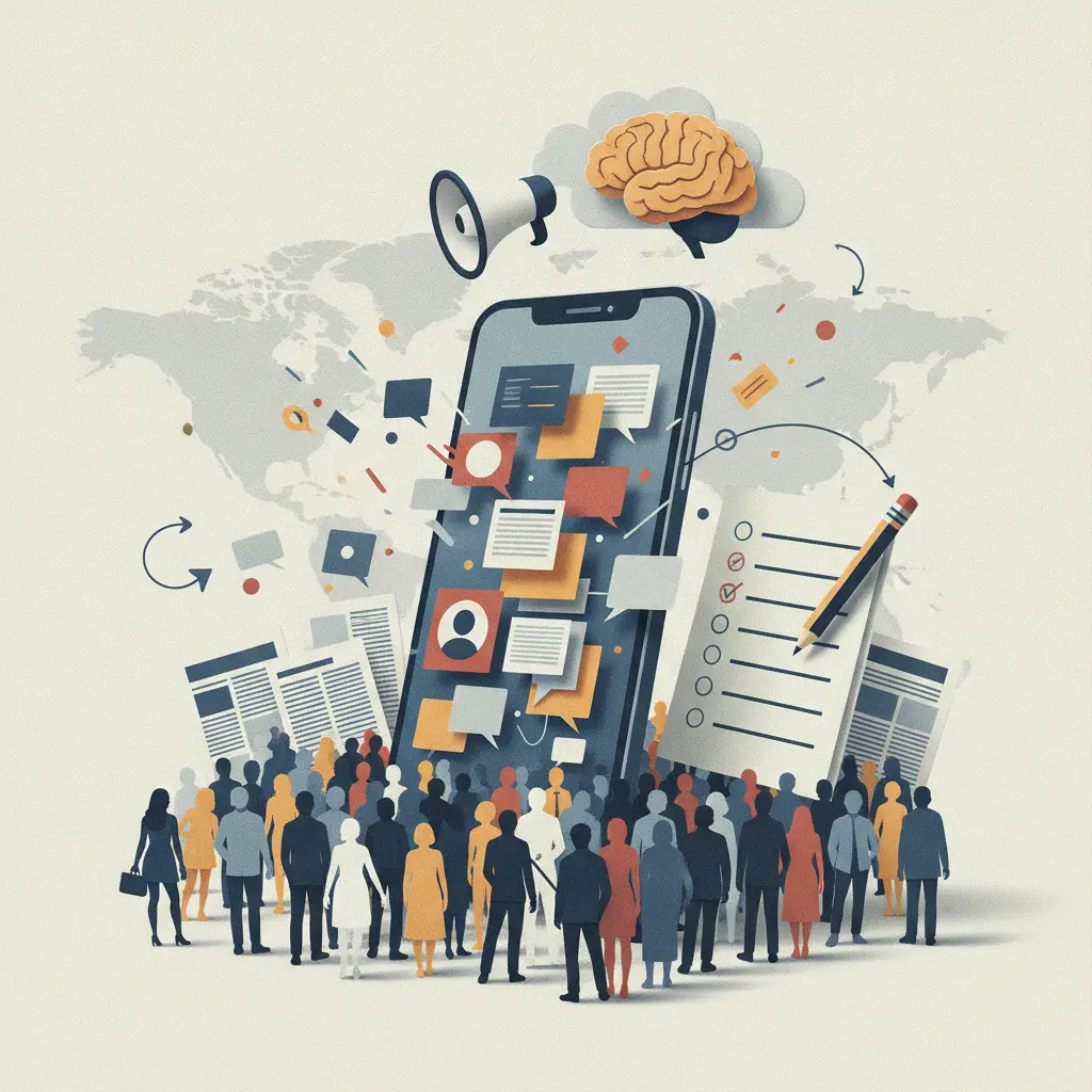 Ilustração editorial: smartphone com cards e balões sem texto transformando-se em multidão e prova com lápis, representando redes sociais influenciando a opinião pública e o ENEM.