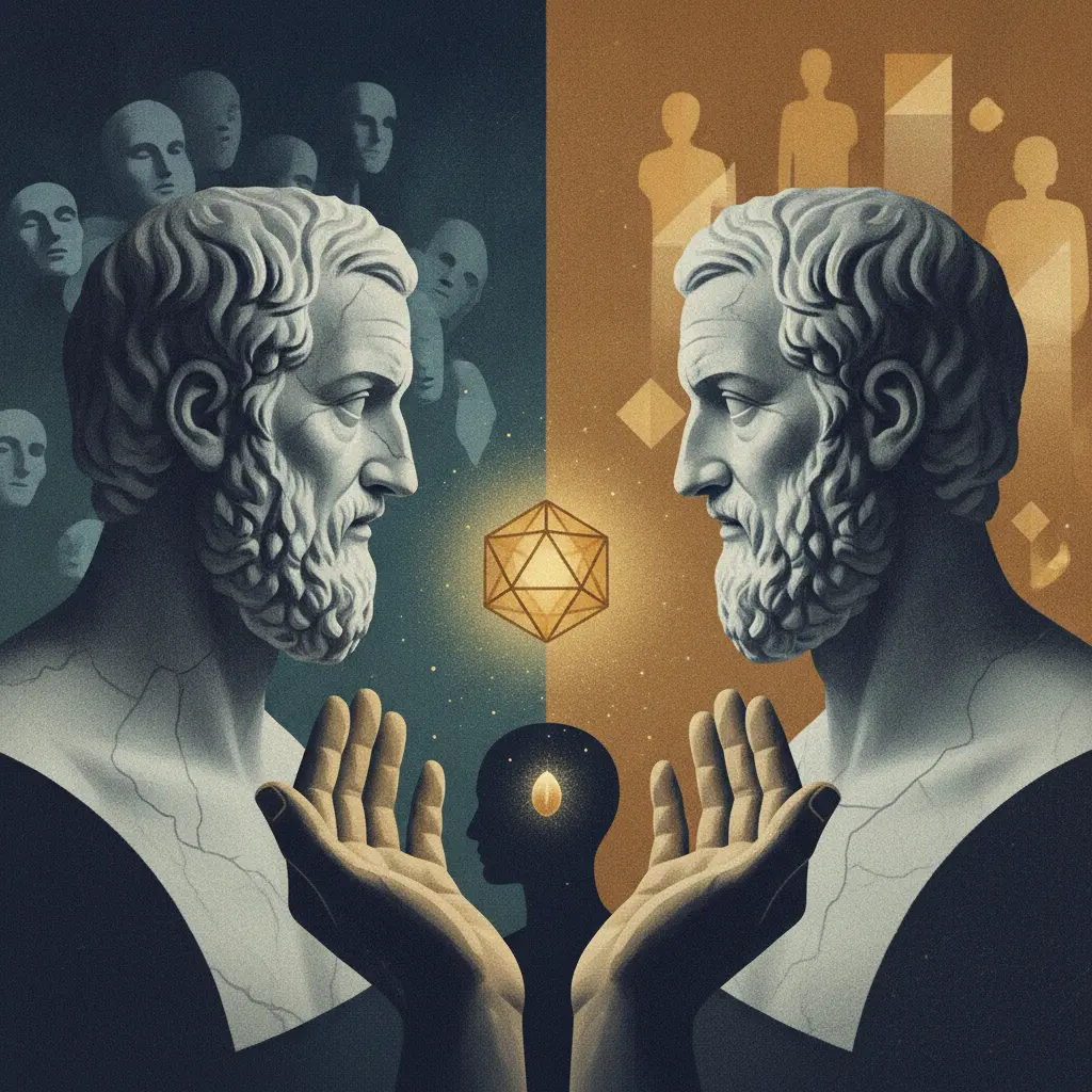Ilustração editorial com bustos de Sócrates e Platão, mãos em gesto de maiêutica gerando uma ideia luminosa entre rostos sombreados (opinião) e formas geométricas iluminadas (conhecimento).