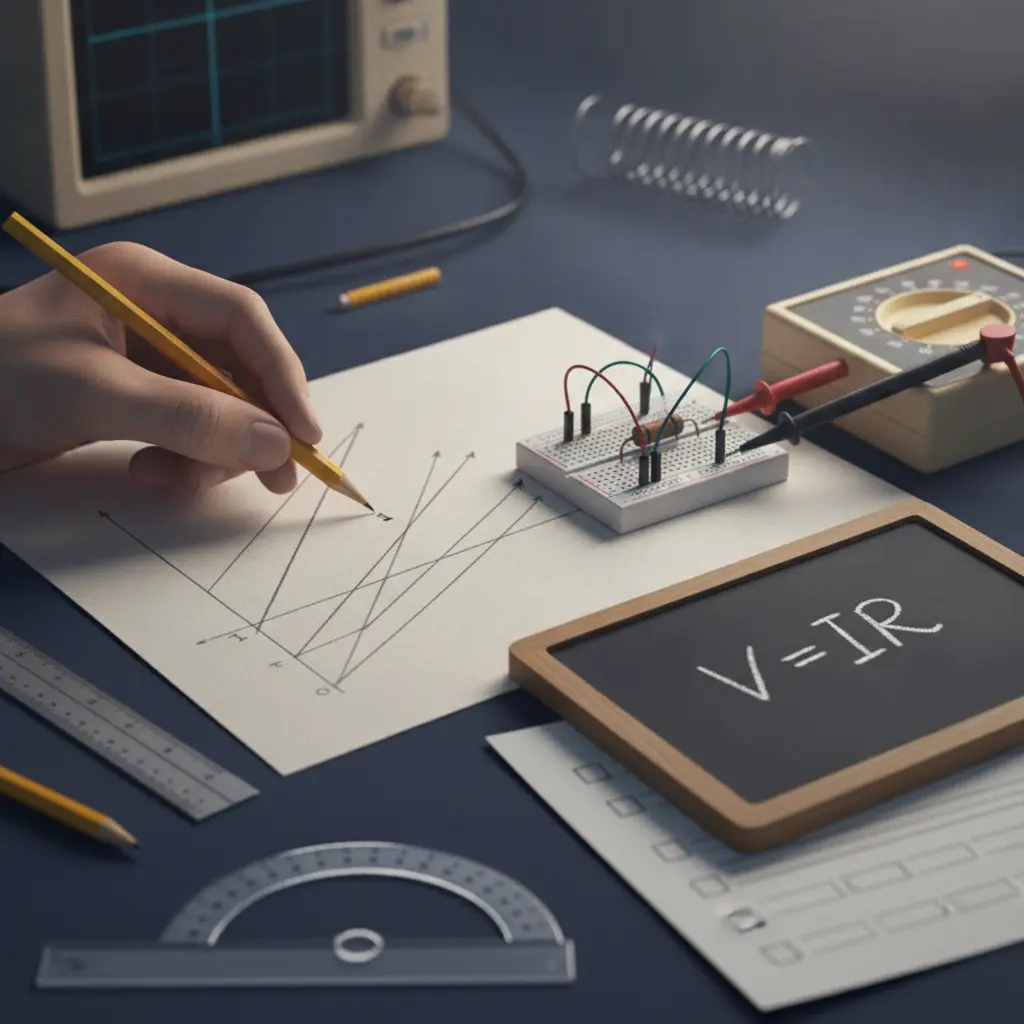 Ilustração editorial close-up de mãos desenhando gráficos V×I, multímetro e resistor, com a fórmula V=IR visível.