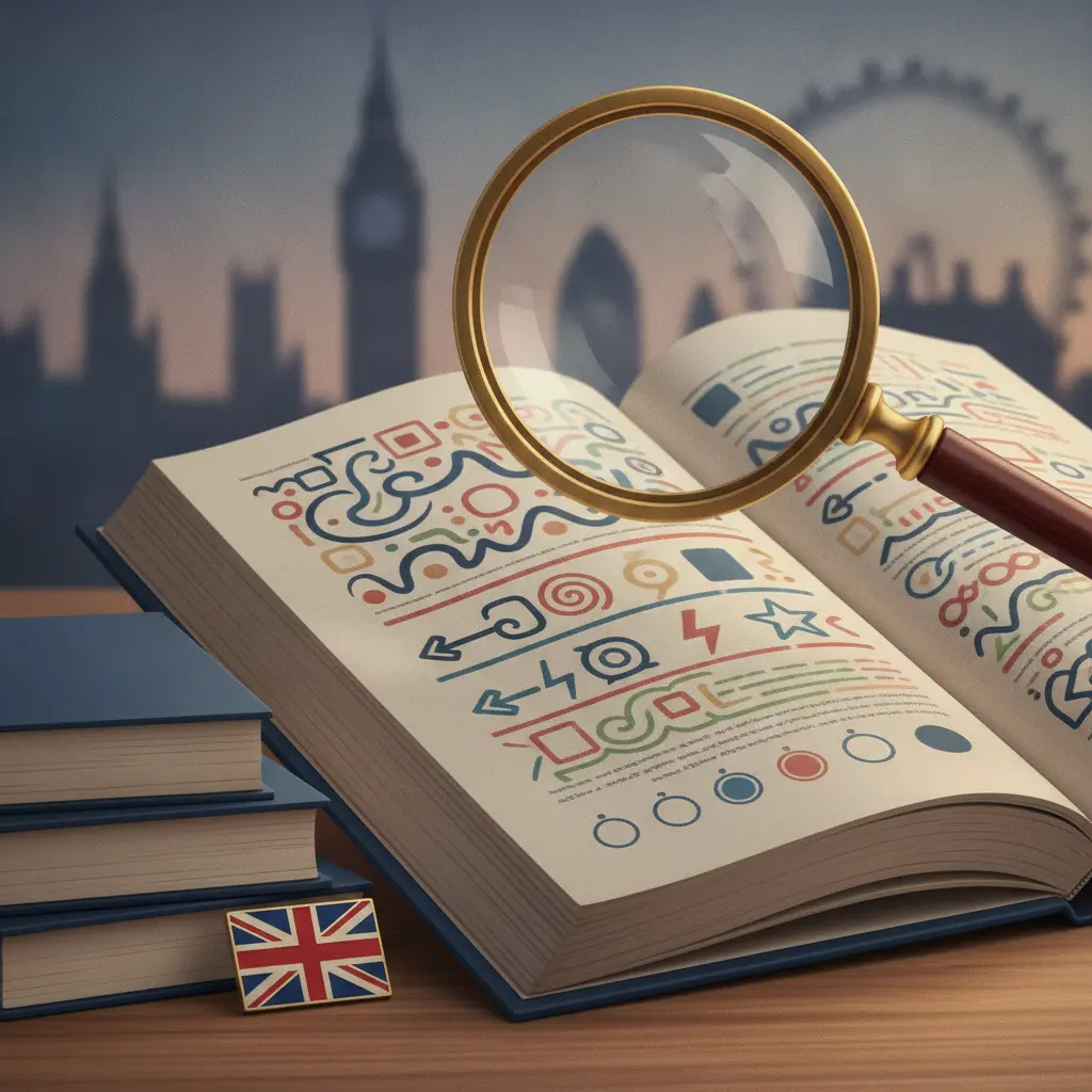 Ilustração editorial de livro de inglês aberto com lupa sobre marcações abstratas e escala de probabilidade, com pilha de livros e silhueta de Londres ao fundo.