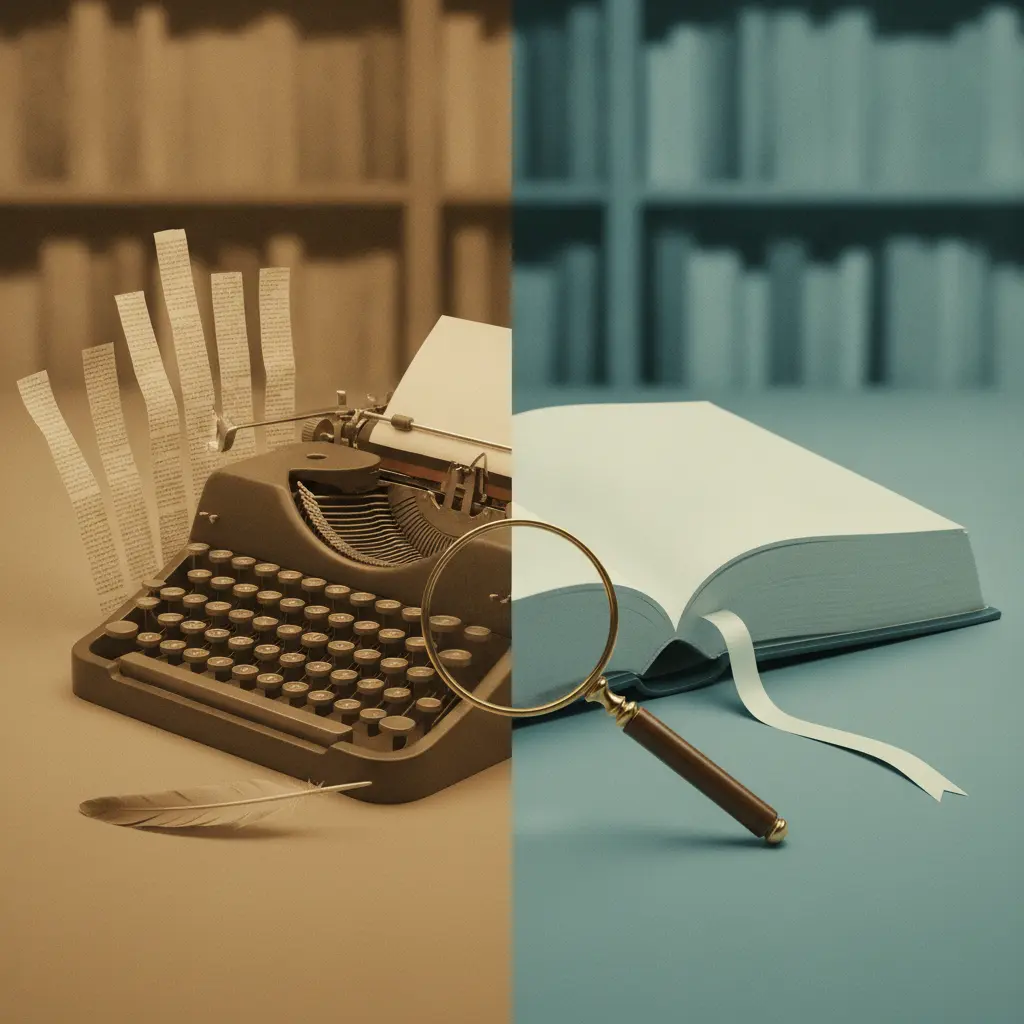 Ilustração editorial comparativa: máquina de escrever e folhas curtas à esquerda simbolizando poesia; livro aberto e páginas contínuas à direita simbolizando prosa, lupa no centro.