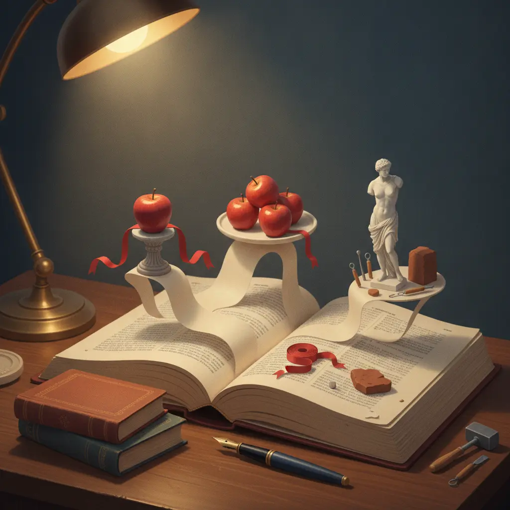 Livro aberto em estilo editorial com mini-vignettes mostrando singular, plural e particípio, caneta-tinteiro e livros, sem texto.