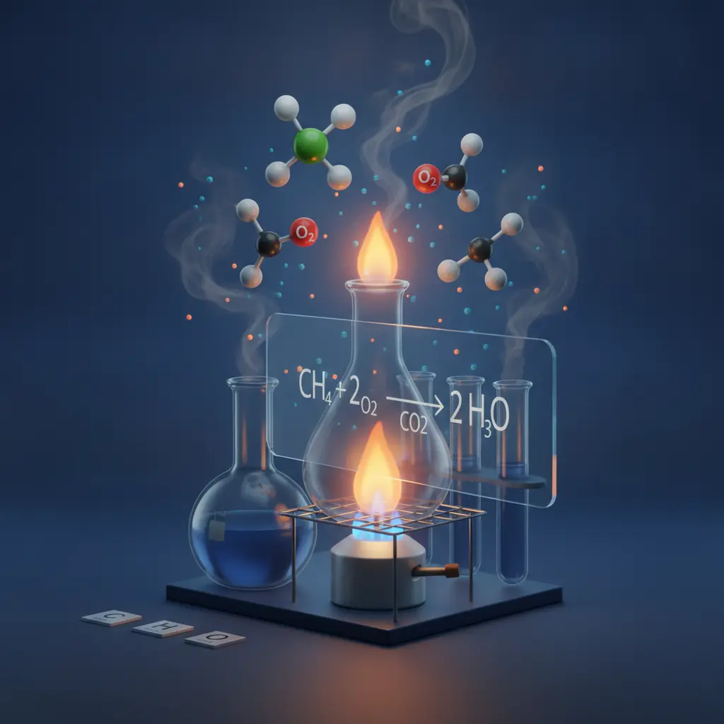 Ilustração editorial de combustão: frascos, chama, modelos moleculares e equação balanceada CH4 + 2 O2 → CO2 + 2 H2O.