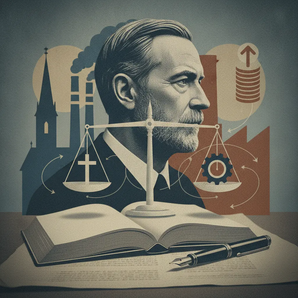 Ilustração editorial com busto estilizado de Max Weber, livro aberto, balança com cruz e engrenagem e silhuetas de igreja e fábrica simbolizando religião, trabalho e capitalismo.