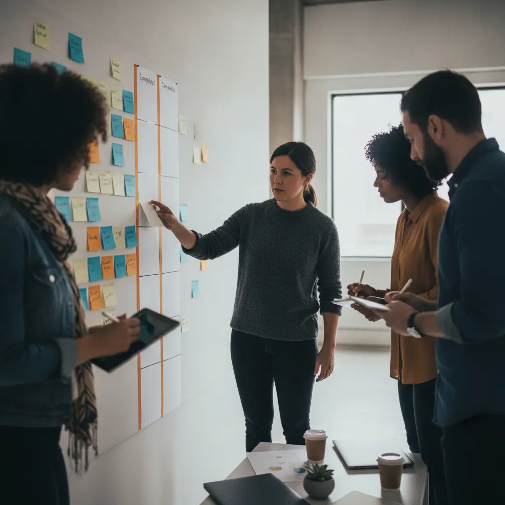 Profissional liderando equipe de pé junto a um quadro kanban, mãos movendo post-its durante tomada de decisão.