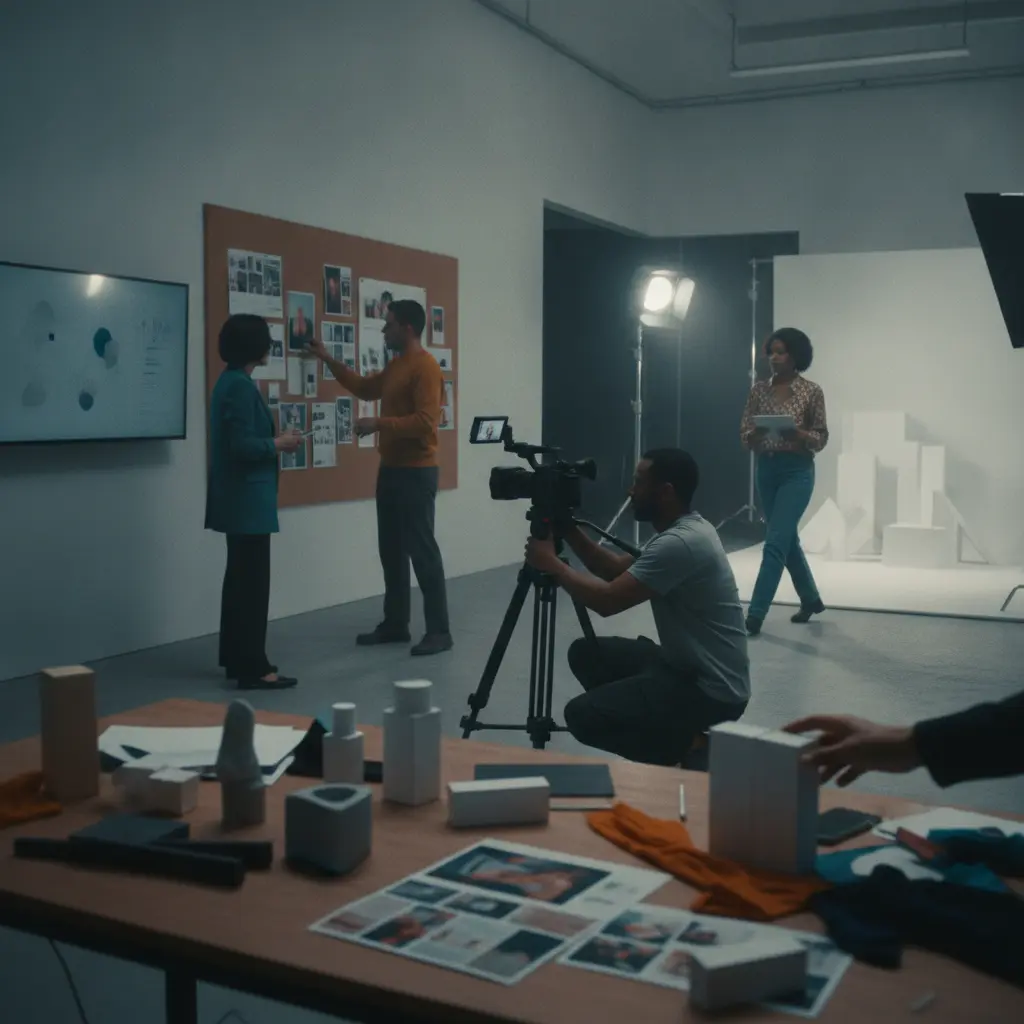 Equipe diversa nos bastidores de marketing de influência em estúdio, ajustando câmeras, luzes e revisando moodboards.