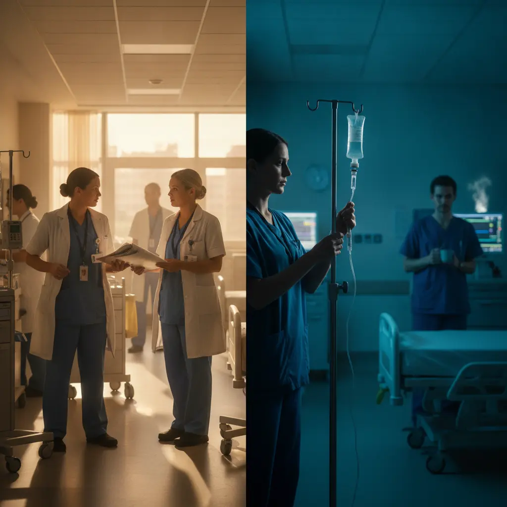Cena editorial dividida mostrando profissionais de saúde em plantão noturno azul e turno diurno quente, com equipes trabalhando no hospital.