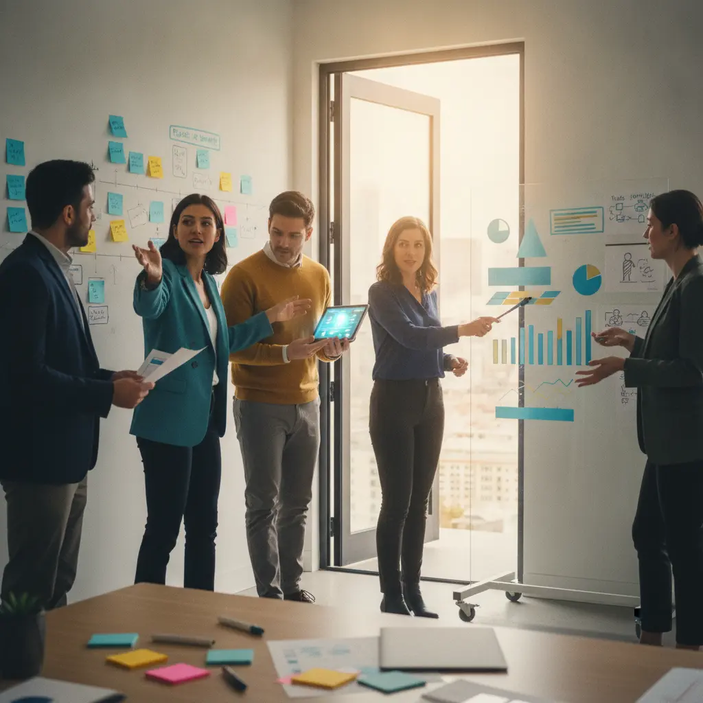 Equipe de produto em escritório moderno, reunida em pé diante de mapas, wireframes e painéis com métricas, com uma porta de vidro aberta ao fundo simbolizando novas oportunidades.