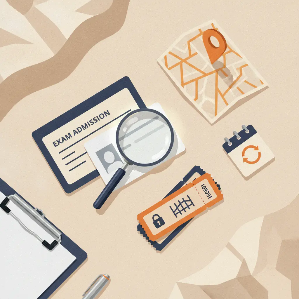 Ilustração editorial em flat lay de documentos do Encceja: cartão de prova e identidade sob lupa, mapa com marcador, calendário com ícone de reaplicação e ícone estilizado de PPL — sem texto.