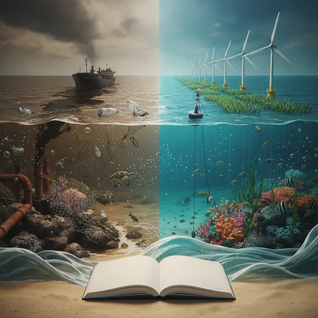 Ilustração editorial em corte: oceano poluído (óleo, plástico) à esquerda e soluções da economia azul (turbinas, cultivo de algas) à direita; caderno cujas páginas viram ondas.